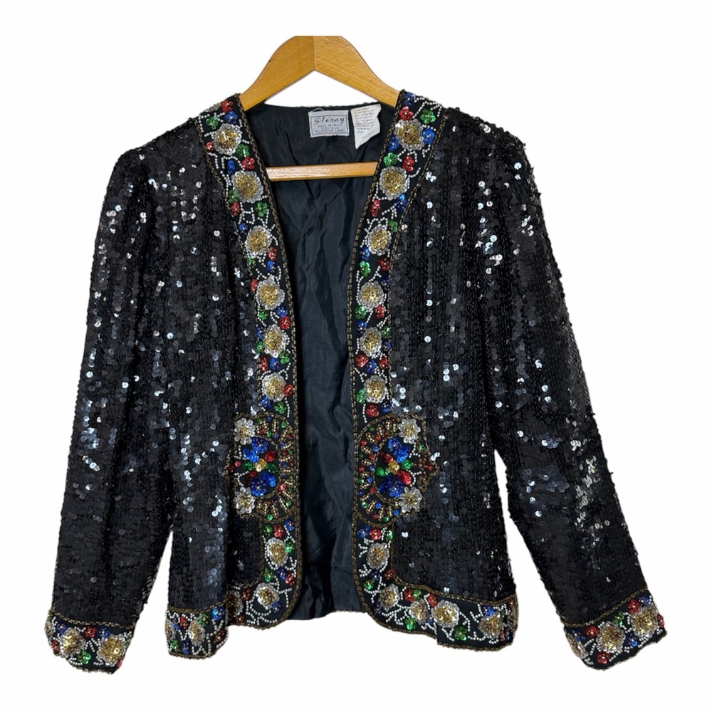 Floral Maximalist Sequin Beaded Jacket S Black Silk Vintage Stenay Whimsigoth - Picture 13 of 14